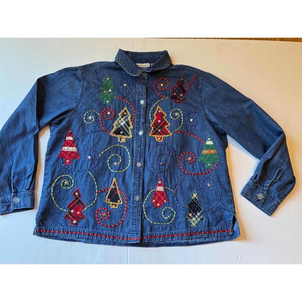 Dressbarn Womens XL Denim Christmas Tree Patchwork Sequin Embroidered Shirt Blue